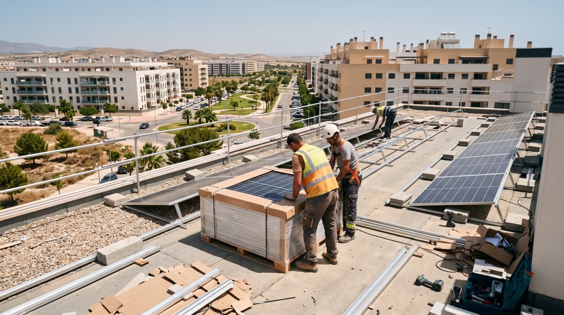 Equipo instalando placas solares en la azotea de un edificio residencial