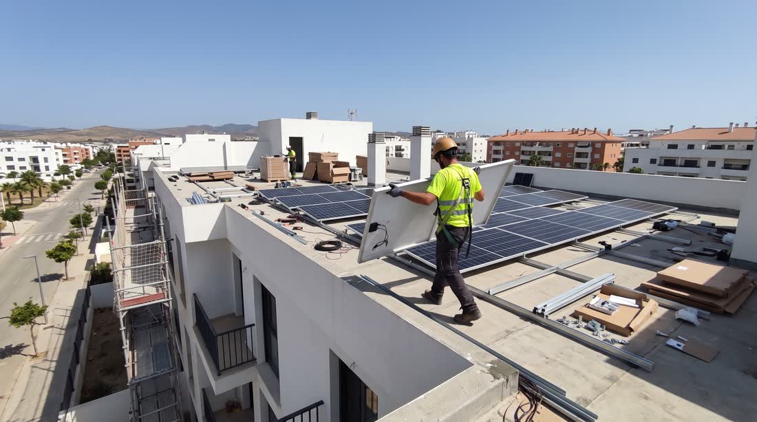 Técnico transportando un panel solar por la cubierta