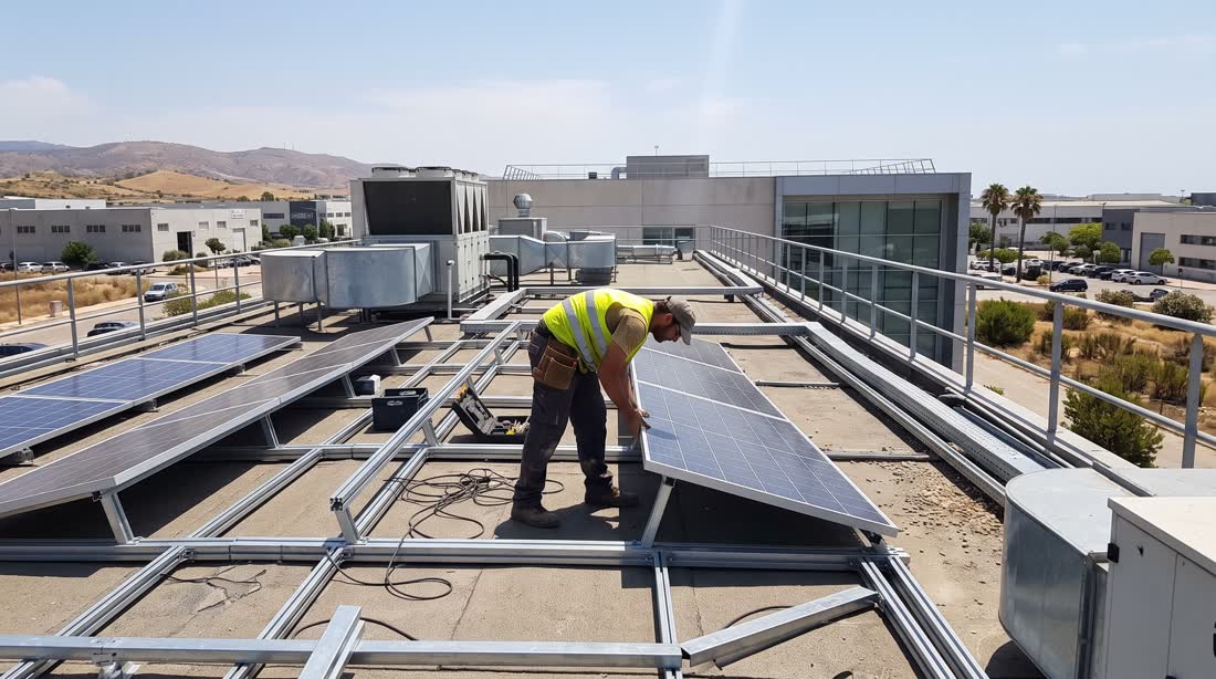 Técnico colocando un panel solar sobre la estructura
