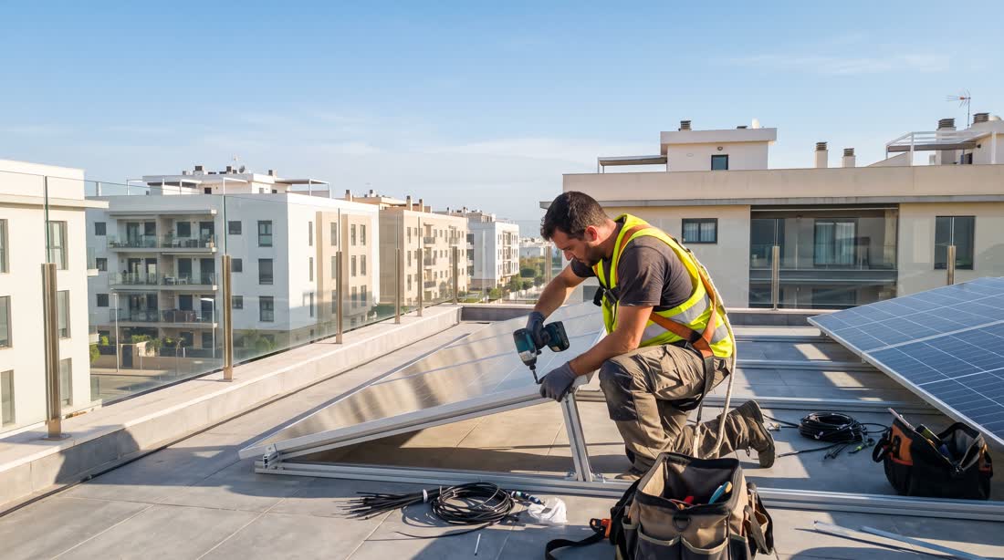 Técnico atornillando un panel solar