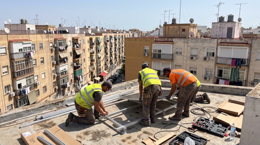 Equipo de instaladores montando placas solares en una comunidad